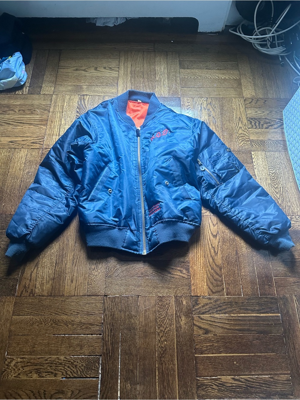 Dreamville Embroidered Navy Jacket Detail with Red 'K.O.D.' Stitching